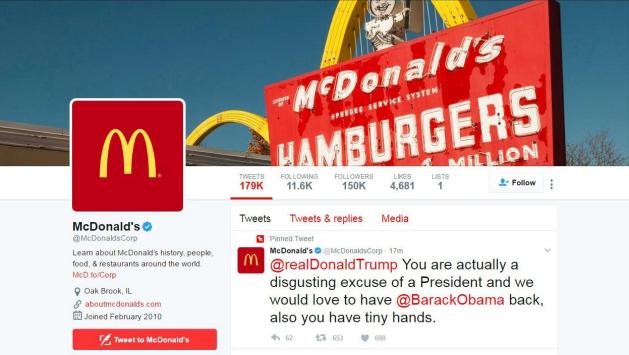A message to Donald Trump appears on the McDonald's Twitter account timeline -- which McDonald's said was hacked --  in a screen capture